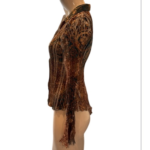 Kamarov Mixed Print Multicolored Pleated Lacey Lace Up Back Detail Blouse Size S - Picture 4 of 13